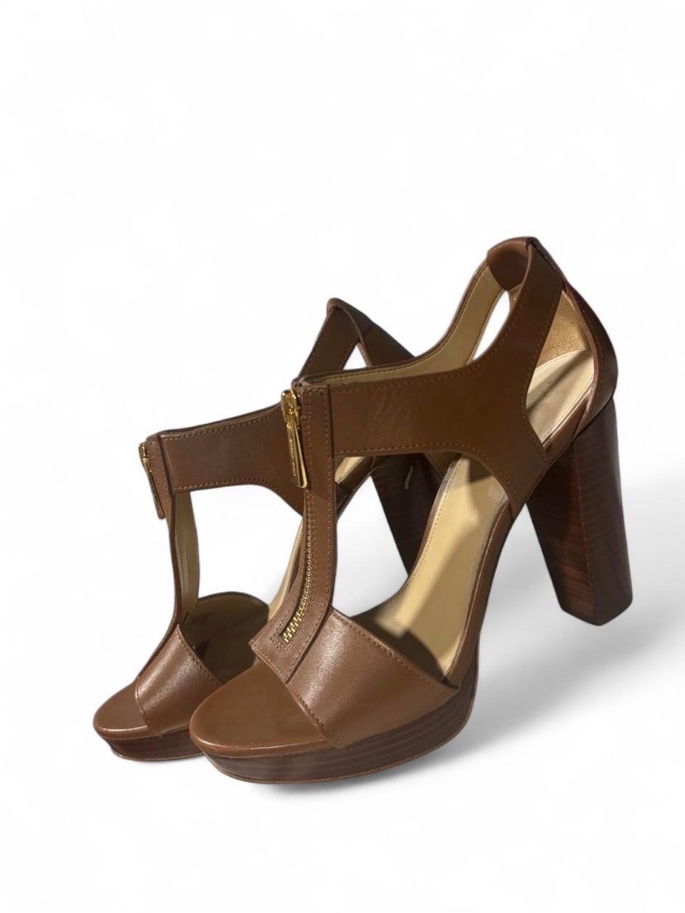Michael Kors Brown Leather T-Strap Block Heels with Gold Zip 6M